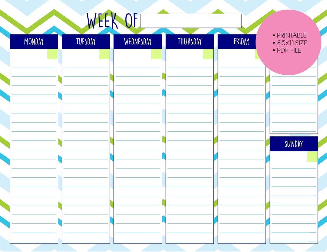 Printable Weekly Calendar 11x8.5 Blue & Green - Etsy
