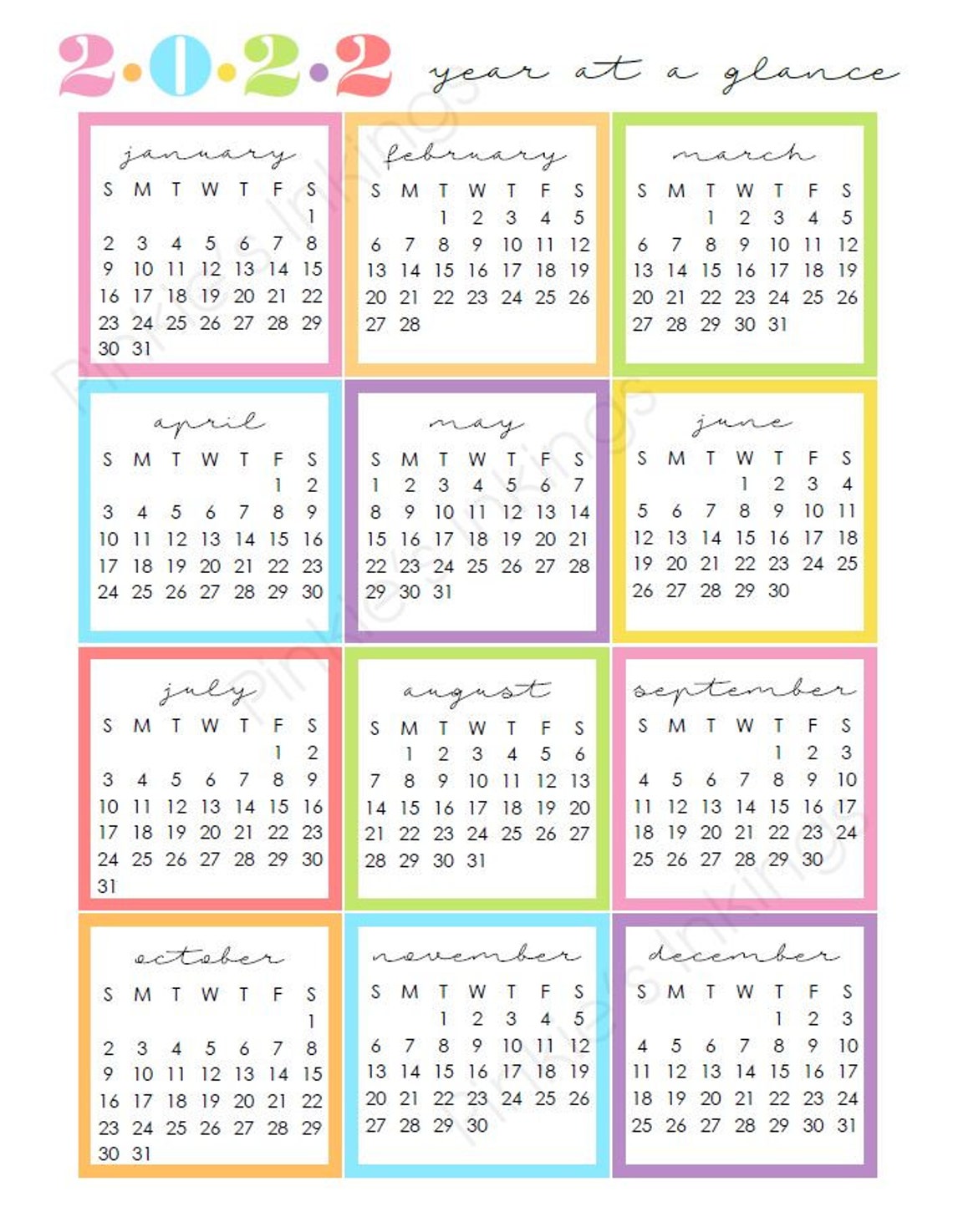 printable 2022 year at a glance 85x11 wall etsy