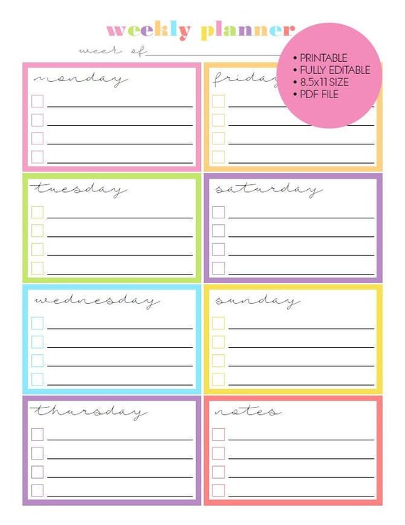 Printable EDITABLE Weekly Planner Calendar, 8.5x11, Color Blocks - Etsy