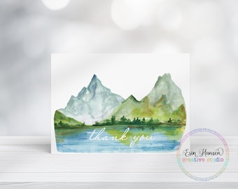 Mountain and Lake, Watercolor, Thank You Note Cards, 8ct