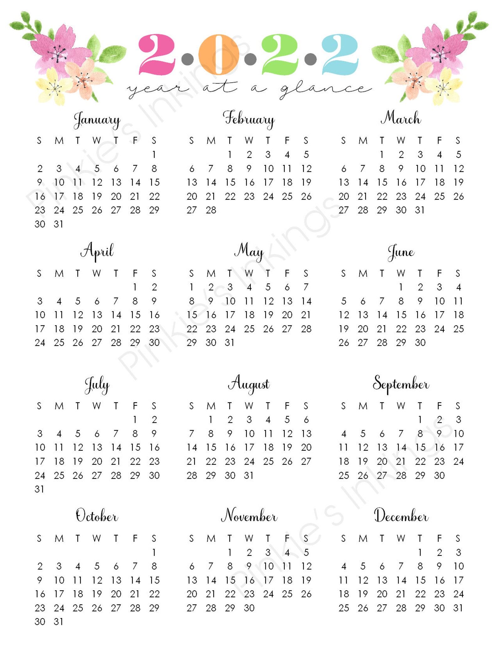 Printable 2022 Year At A Glance 85x11 Wall Etsy