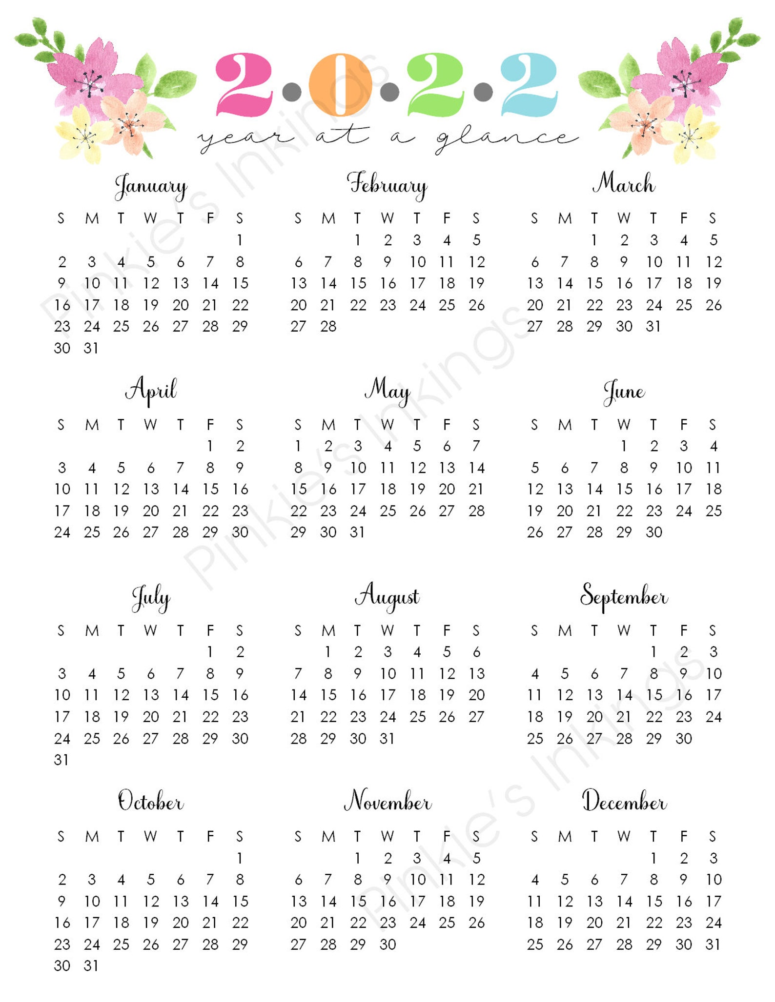 Printable 2022 Year At A Glance 8 5x11 Wall Etsy Free Nude Porn Photos