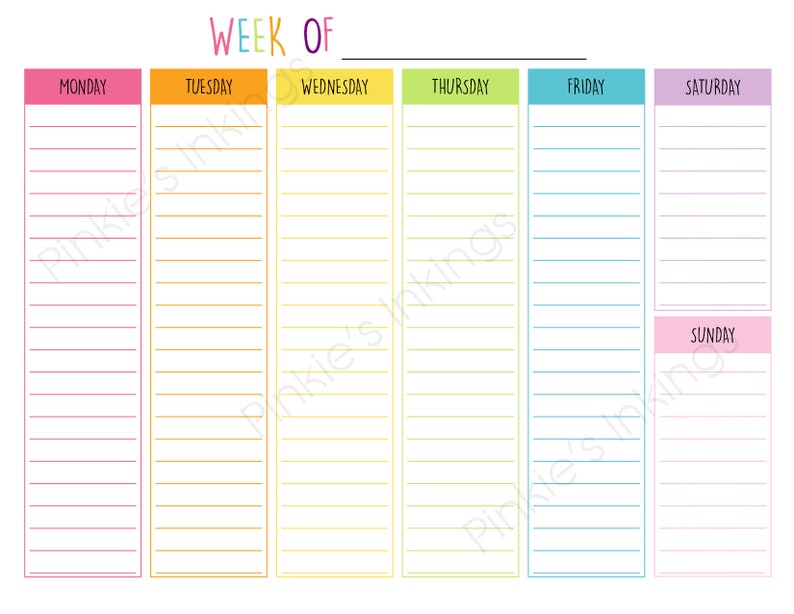 Printable Weekly Calendar 11x8.5 Pastel Rainbow - Etsy