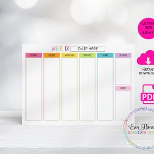 May include: Printable weekly planner in PDF format. The planner has a colorful header with the days of the week and a space for the date. The planner is letter size, 8.5 inches by 11 inches.