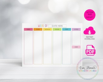 Printable EDITABLE Weekly Calendar, 11"x8.5", Pastel Rainbow