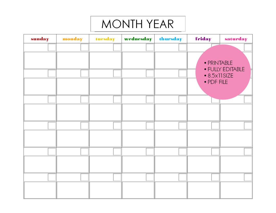 Printable EDITABLE 11x8.5 Monthly Calendar, Simple Rainbow - Etsy