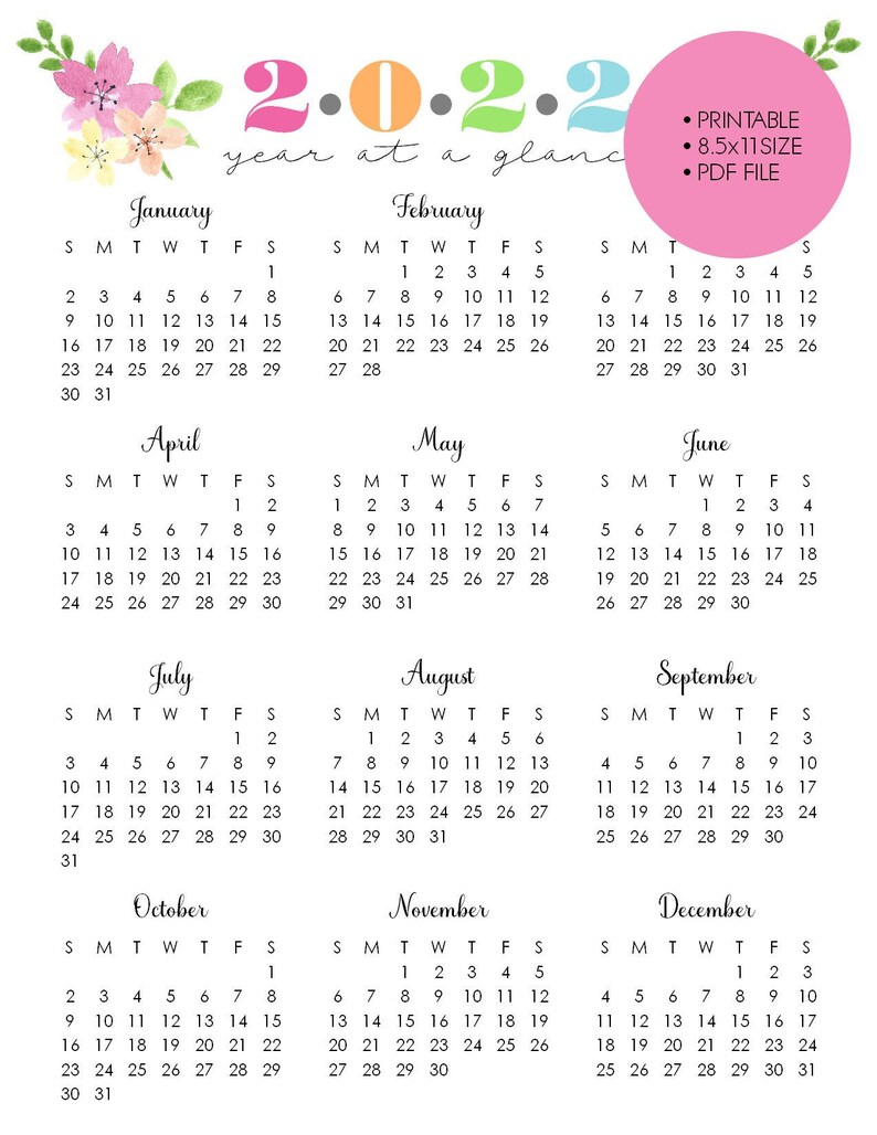 printable 2022 year at a glance 85x11 wall etsy