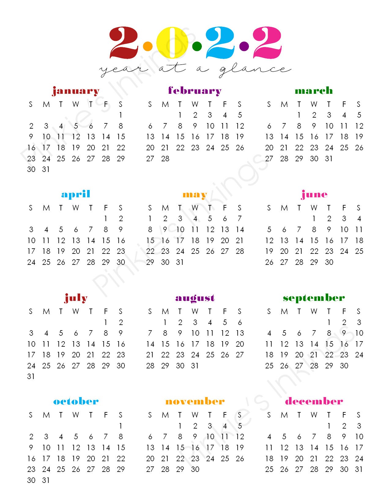 printable 2022 year at a glance 85x11 wall etsy