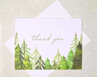 Watercolor Pine Tree Thank You Cards – Pack of 8 – Forest Note Cards