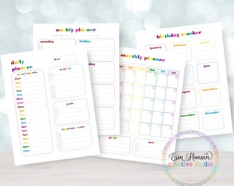 Rainbow Printable Planner Pack: Daily, Weekly, Monthly, Birthday (PDF Files)