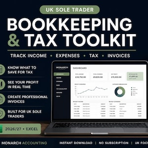 May include: A digital bookkeeping and tax toolkit for UK sole traders, displayed on a laptop screen showing a financial dashboard with income, expenses, and profit charts. The interface includes text labels for tracking income, expenses, tax, and invoices.