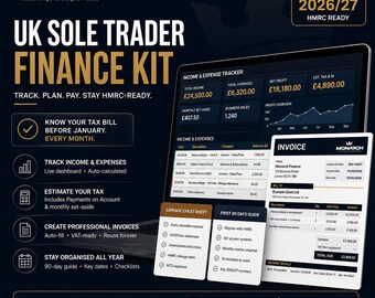UK Sole Trader Finance Kit 2026/27 | Tax Calculator, Invoice Template (Digital Download)