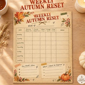 May include: A weekly autumn reset planner sheet with a vintage paper texture, featuring fall-themed illustrations of orange leaves, berries, and a pumpkin. The grid includes columns for date, rituals, mood, energy, sleep, and notes, plus sections for wins and improvements.