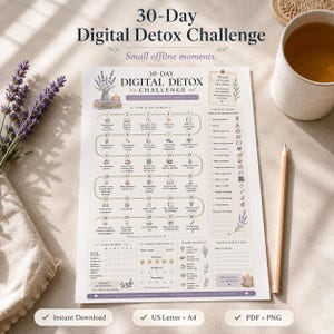 Może przedstawiać: Arkusz do druku 30-Day Digital Detox Challenge z ponumerowaną ścieżką od 1 do 30 z codziennymi zadaniami, listą pomysłów offline, trackerami nawyków i kamieniami milowymi, ozdobiony ilustracjami lawendy i tekstem.
