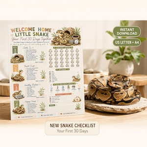 Könnte beinhalten: Eine gedruckte Checkliste mit dem Titel Welcome Home Little Snake Your First 30 Days Together, die Illustrationen einer Schlange, Pflegehinweise, einen 30-Tage-Tracker und Notfallkontaktfelder enthält. Dokument mit Text für US Letter und A4.