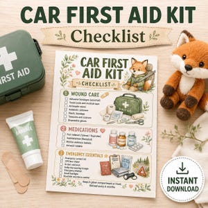 Lista de verificación del botiquín de primeros auxilios para el coche, elementos esenciales para emergencias en carretera (descarga instantánea)