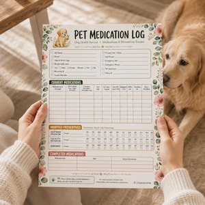 Könnte beinhalten: Ein gedrucktes Haustier-Medikationsprotokoll mit einer Golden Retriever-Illustration, floralen Rändern und Abschnitten für Tierdaten, aktuelle Medikamente, monatliche Vorsorgemaßnahmen und abgeschlossene Behandlungen mit Text.