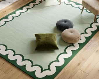 Hand Tufted Wool Scalloped Rug, Sage Green Organic Shape Border Carpet