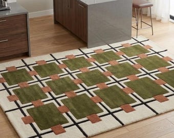 Hand Tufted Geometric Rug | Mid-Century Modern Olive Green Terracotta Bau haus Style