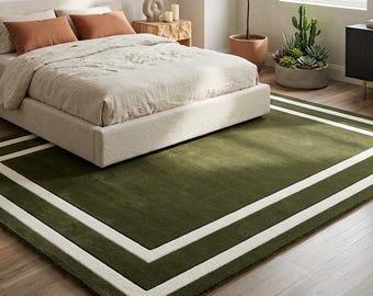 Olive Green Wool Rug, White Geometric Border, Hand Tufted Modern Floor Rug