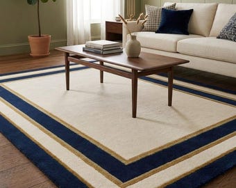 Hand-tufted Wool Area Rug, Navy Blue Cream Geometric Border, Minimalist Floor Rug