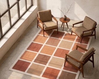 Hand Tufted Checkered Wool Rug, Terracotta Grid Pattern Carpet, Minimalist Scandinavian Floor Decor