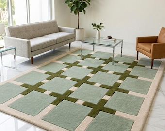 Hand Tufted Sage Green Rug, Check Modern Carpet, Minimalist Living Room Rug, Home Decor Carpet New Home Gifts And Gift Rug 5×8