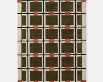 Handmade Geometric Gingham Rug, Olive Green Checkered 6X9 8X10 7X10 Carpet, Modern Bedroom Area Rug, Home Decor Carpet