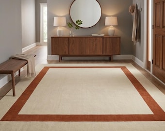 Ivory Rust Border Area Rug – Hand Tufted Wool Carpet, Scandinavian Living Room Decor