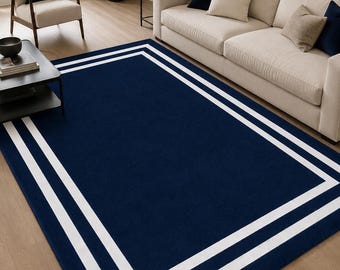 Hand Tufted Wool Navy Blue Rug, Solid Border Modern Carpet, Minimalist Living Room Rug, Home Decor Carpet, New Home Gifts And Gift Rug 6×9