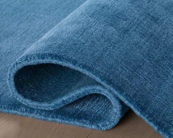 Hand Tufted Wool Blue Rug, Modern Solid Modern Area Rug, Luxury Living Room Carpet, Custom Handmade Bedroom Rug, Home Decor Carpet 7×10, 5×8