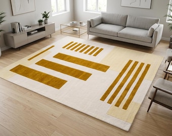 Hand Tufted Wool Mustard Gold Rug, Geometric Area Carpet, Minimalist Living Room Rug, Home Decor Carpet, New Home Gifts And Gift Rug 6×9
