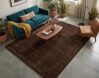 Chocolate Brown Plush Shag Rug, Mid Century Modern Living Room Carpet