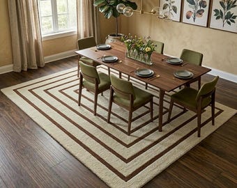 Hand Tufted Wool Rug, Beige Brown Geometric Stripe Area Carpet, Modern Minimalist Living Room