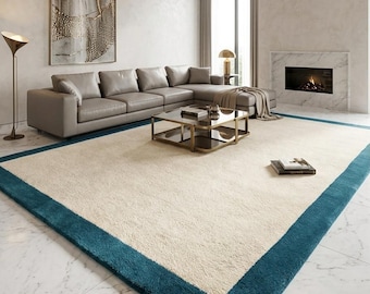 Hand Tufted Teal Blue Wool Area Rug, Modern Border Carpet, Minimalist Living Room Rug, Home Decor Carpet New home gifts And Gift Rug 10×14