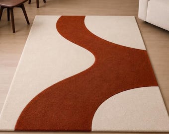 Hand Tufted Wool Rust Rug, Modern Solid Cream Area Rug, Luxury Living Room Carpet, Custom Handmade Bedroom Rug, Home Decor Carpet 6×9, 5×8