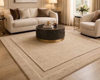 Hand Tufted Wool Beige Rug, Solid Border Modern Carpet, Minimalist Living Room Rug, Home Decor Carpet New home gifts And Gift Rug 6×9