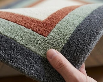 Hand Tufted Area Rug | Modern Color Block Border, Cream Sage Rust, Minimalist Floor Rug
