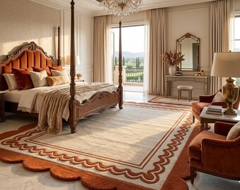 Hand Tufted Wool Rug, Neutral Beige Carpet, Rust Scalloped Border, Modern Living Room Floor