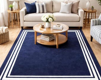 Hand Tufted Wool Navy Blue Area Rug, Border Modern Carpet, Minimalist Living Room Rug, Home Decor Carpet New home gifts And Gift Rug 5×8
