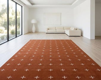 Hand Tufted Wool Rust Brown Rug, Geometric Modern Carpet, Minimalist Living Room Rug, Home Decor Carpet, New Home Gifts And Gift Rug 7×10