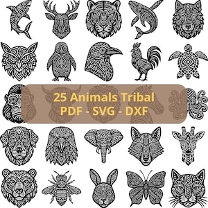 Tribal Animals SVG Bundle, 25 Aztec Polynesian Pattern Designs for Wolf Tiger Eagle, Laser Cut CnC Engraving Files DXF PDF Cricut Download