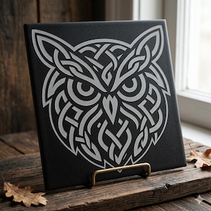May include: A black square decorative tile featuring a detailed, silver-colored owl design in a Celtic knot style. The tile is displayed on a small brass stand, set against a rustic wooden surface. The owl's intricate pattern is the focal point.