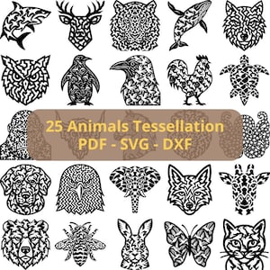Tessellation Animals SVG Bundle – 25 tessellation pattern animal laser cut CnC engraving files – DXF PDF Cricut Silhouette instant download