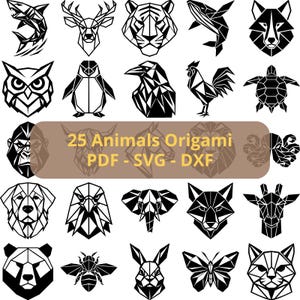 May include: A collection of twenty-five black and white geometric animal illustrations in an origami style, including a shark, deer, tiger, whale, wolf, owl, penguin, bird, rooster, turtle, gorilla, dog, eagle, elephant, fox, giraffe, bear, bee, rabbit, butterfly, and cat. The text 25 Animals Origami PDF - SVG - DXF is centered.