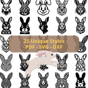 Könnte beinhalten: Eine Sammlung von 25 schwarz-weißen Hasenkopf-Illustrationen in verschiedenen Mustern, mit einer hellbeigen Hasengrafik in der Mitte und einem beigen Rechteck mit dem Text 25 Unique Styles PDF - SVG - DXF.
