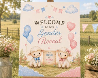 Little Lamb Gender Reveal Welcome Sign, Pink Blue Baby Shower Decor, Editable Canva Template