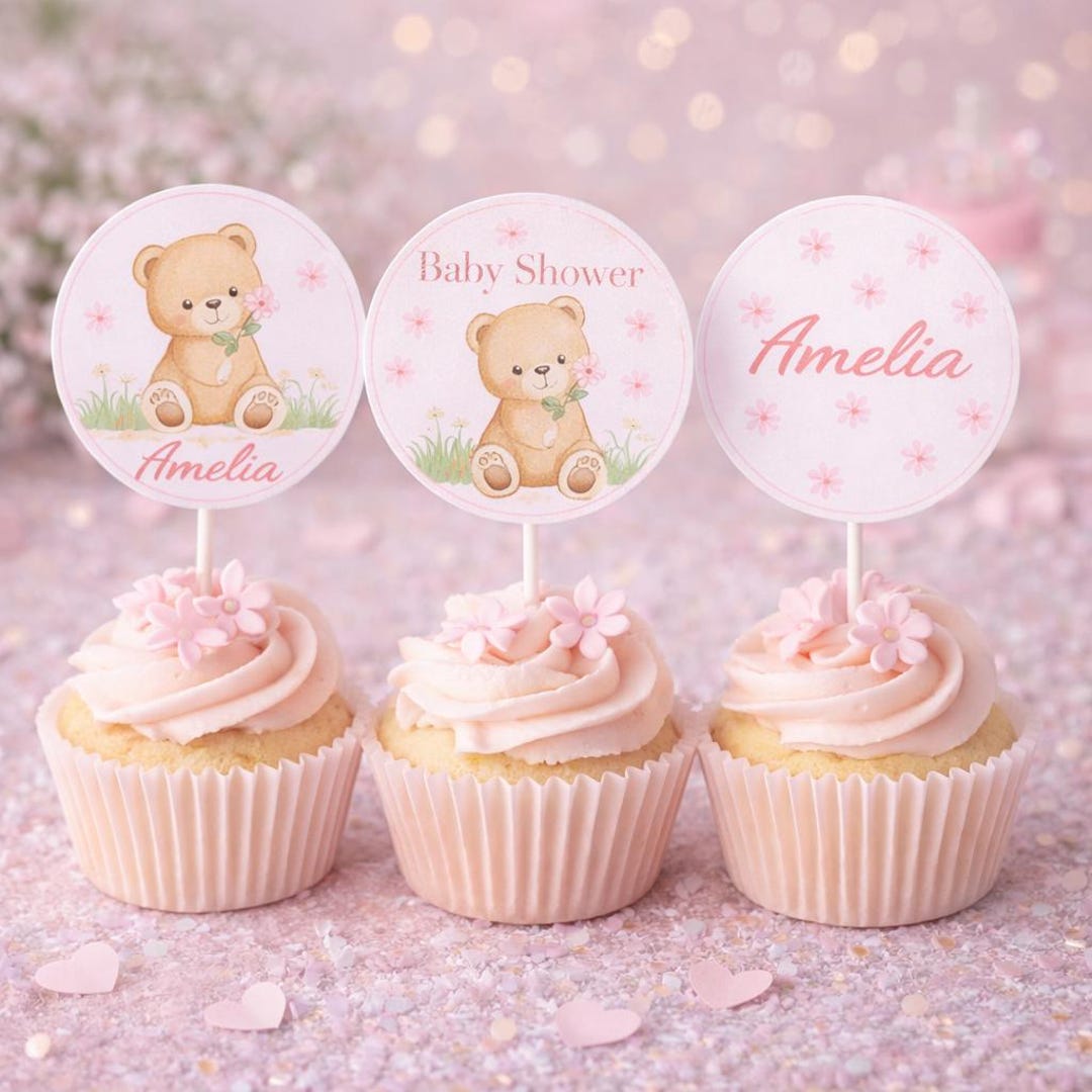 Editable Teddy Bear Baby Shower Cupcake Toppers, Pink Floral Party ...