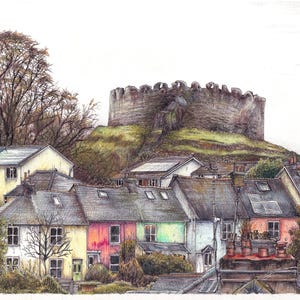 May include: A detailed pencil drawing of a townscape featuring colorful row houses and a large castle on a hill. The houses have various colors, including yellow, pink, and green. A large tree is visible on the left side.