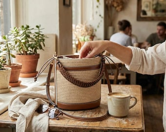 Bolso tipo cubo de rafia tejida, asa de cuero trenzado, bolso de hombro estilo boho para verano.